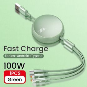 6A 100W 3in1 2in1 Fast USB Cable for Huawei/Honor Retractable Portable 3 in 1 Micro USB Type C Charger Cable For iPhone Samsung (Length: 1.2m, Color: Green)